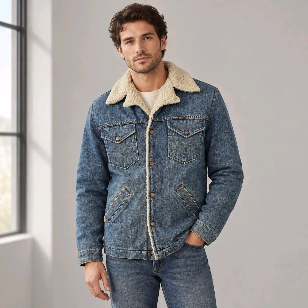 Maverick Large Blue Denim Sherpa Lined Ranch Coat Vintage 1970s